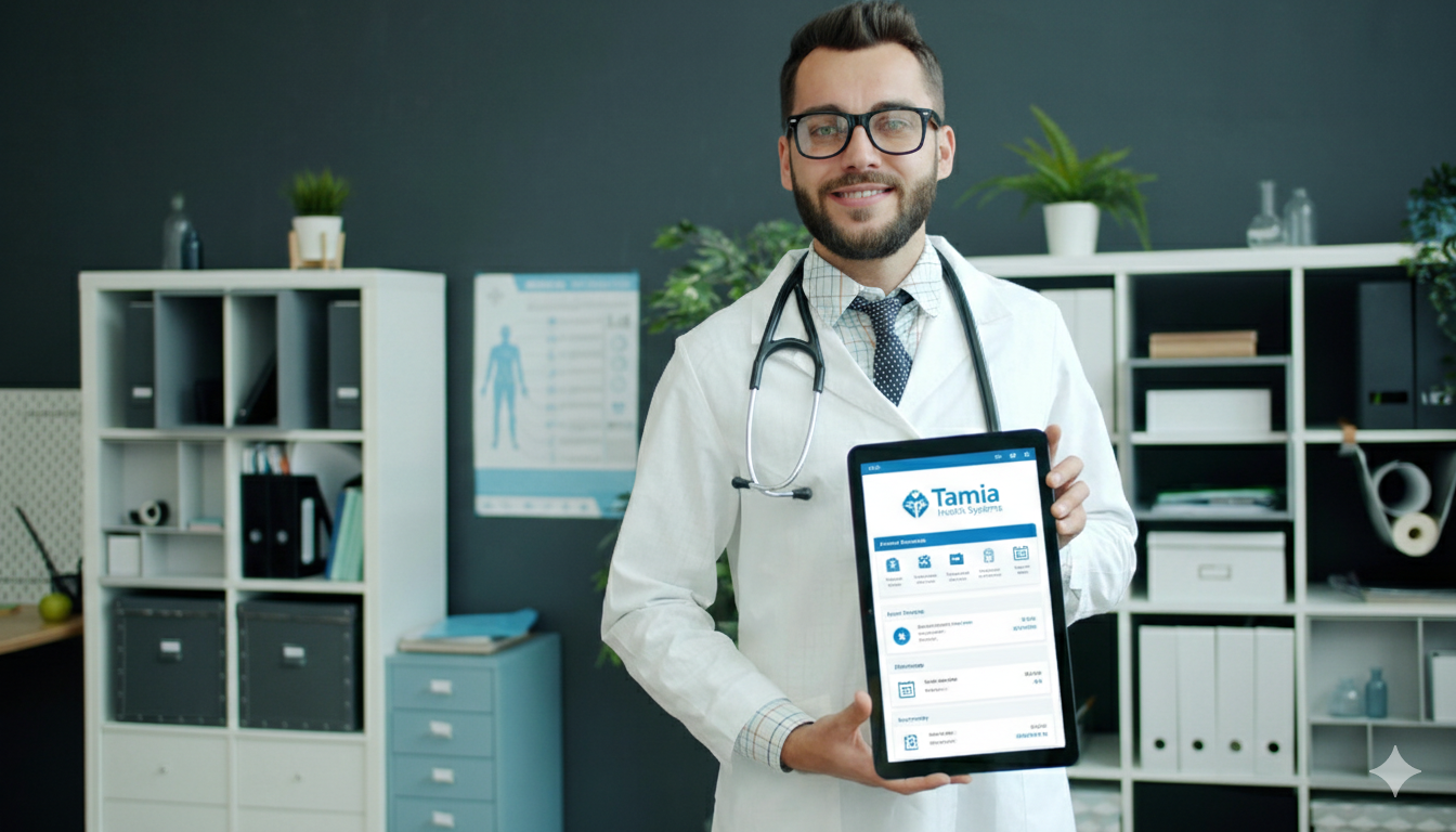 Doctor profesional usando tablet con TAMIA Health Systems